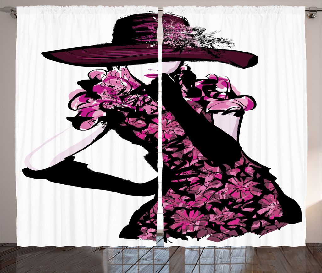 ABAKUHAUS Mode Rustikaler Vorhang, Frau im Blumenkleid, Wohnzimmer Universalband Gardinen mit Schlaufen und Haken, 280 x 225 cm, Fuchsia Schwarz