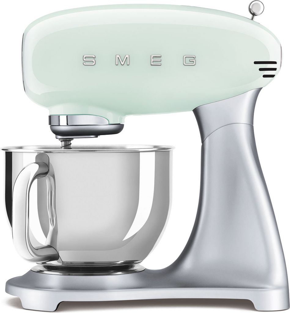 A pastel green and silver SMEG stand mixer is shown against a white background.