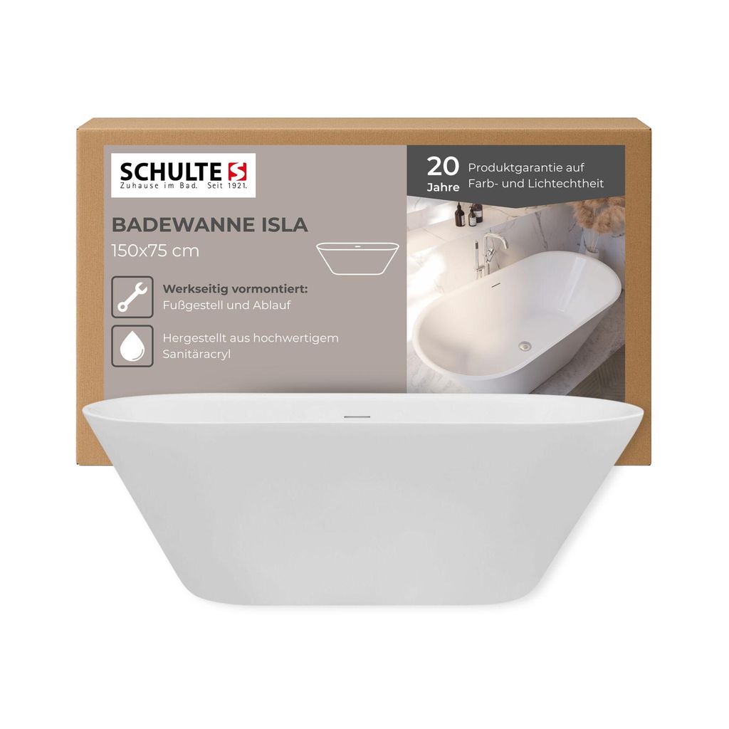 Schulte Freistehende Badewanne Modell Isla, Weiß Sanitäracryl, 150x75 cm, Höhe 56,5 cm, inkl. Ab- und Überlauf