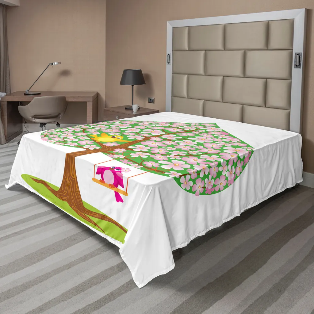 Drap plat anti-plis et doux 266x260 cm rose, motif oiseaux facile d'entretien