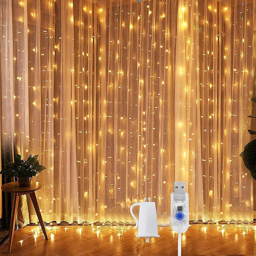 100 LED Lichterkette, 3mx1mLichterkettenvorhang mit 8 Modi Fernbedienung, Lichterkette, USB Lichterketten Vorhang für Weihnachten, 3m Breit, E0006