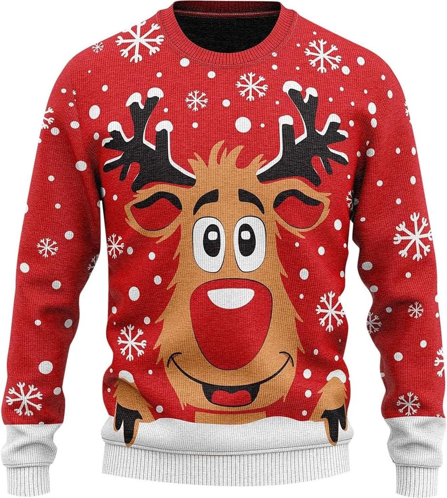 ASKSA Herren Lustiger Haesslicher Weihnachtspullover Ugly Christmas Sweater Rudolph Pullover 3D Druck Langarm Froehlich Weihnachten Schneeflocke Ju...