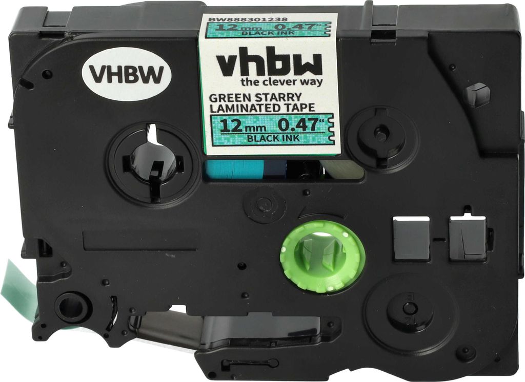 vhbw Schriftband-Kassette kompatibel mit Brother PT 1900, 1910, 1950 Etiketten-Drucker 8m x 12mm Schwarz auf Grün (Glitter), Kunststoff, Laminiert