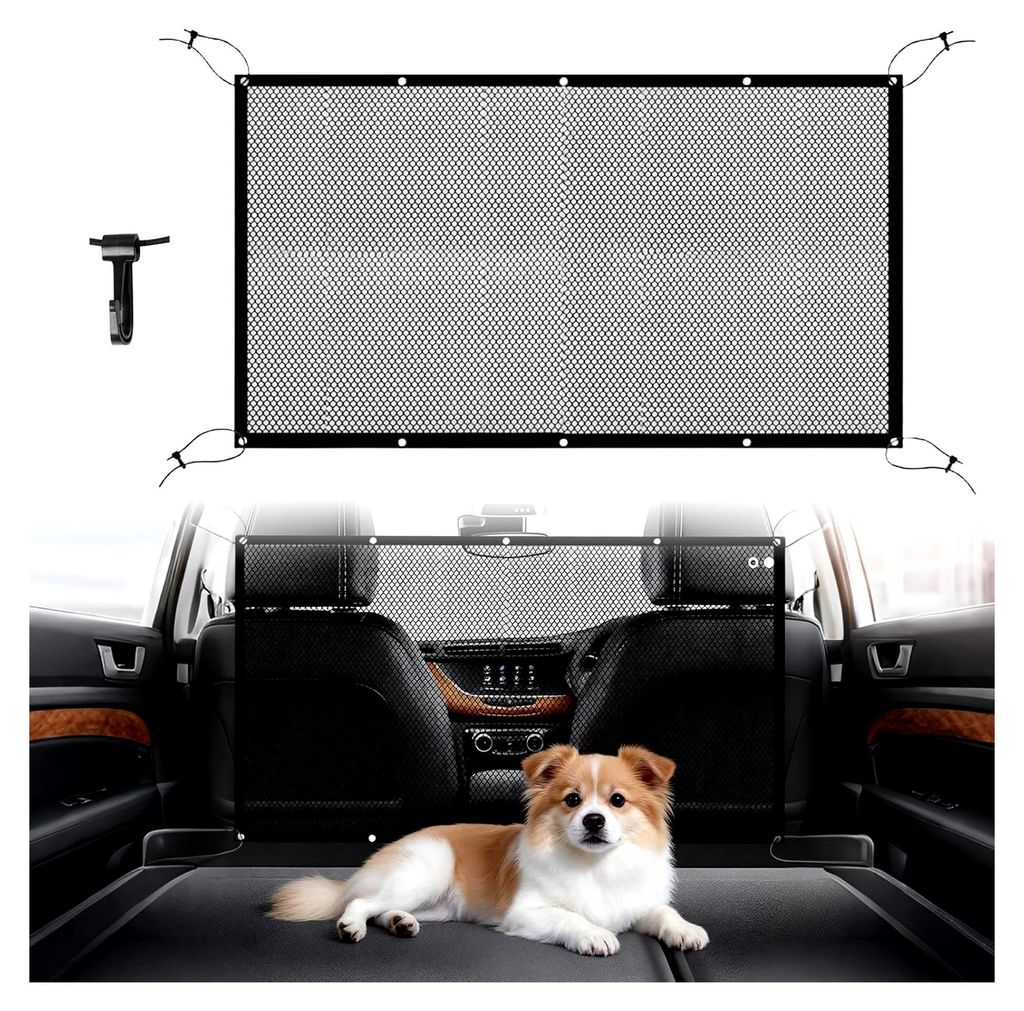 Hundegitter für das Auto, 110 cm x 75 cm, Trenngitter für den Kofferraum mit verstellbarem Seil und Haken für SUVs, Lkw und Pkw (Schwarz)