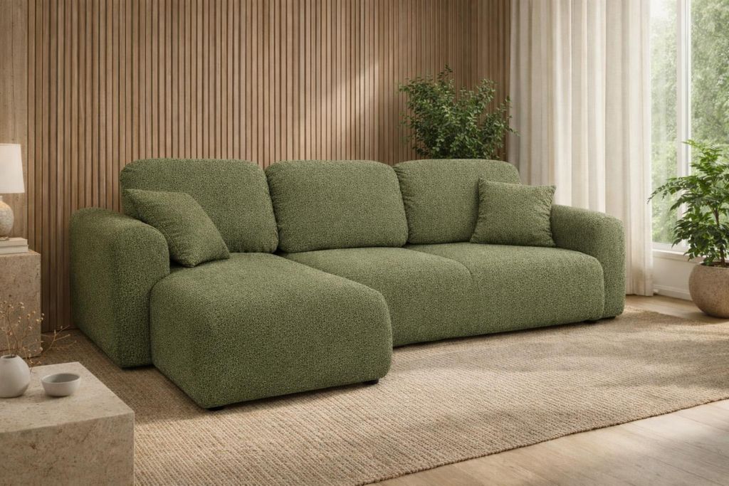 Kaiser Möbel Ecksofa mit Schlaffunktion und Bettkasten, Sofa L-Form Bingo L, Chenille-Stoff Artico, Moss, Links