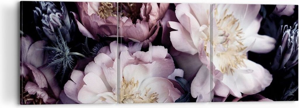 Bild auf Leinwand - Leinwandbild - 3 Teile - Pfingstrosen Veilchen Blumen - 120x40cm - Wand Bild - Wanddeko - Wandbilder - Leinwanddruck - Bilder -...