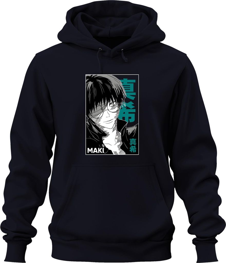 Anime Manga MAKI Brille schwarz weiß Cool Geschenk Otaku Retro Uni Hoodie Kapuzenpullover, Navy, S