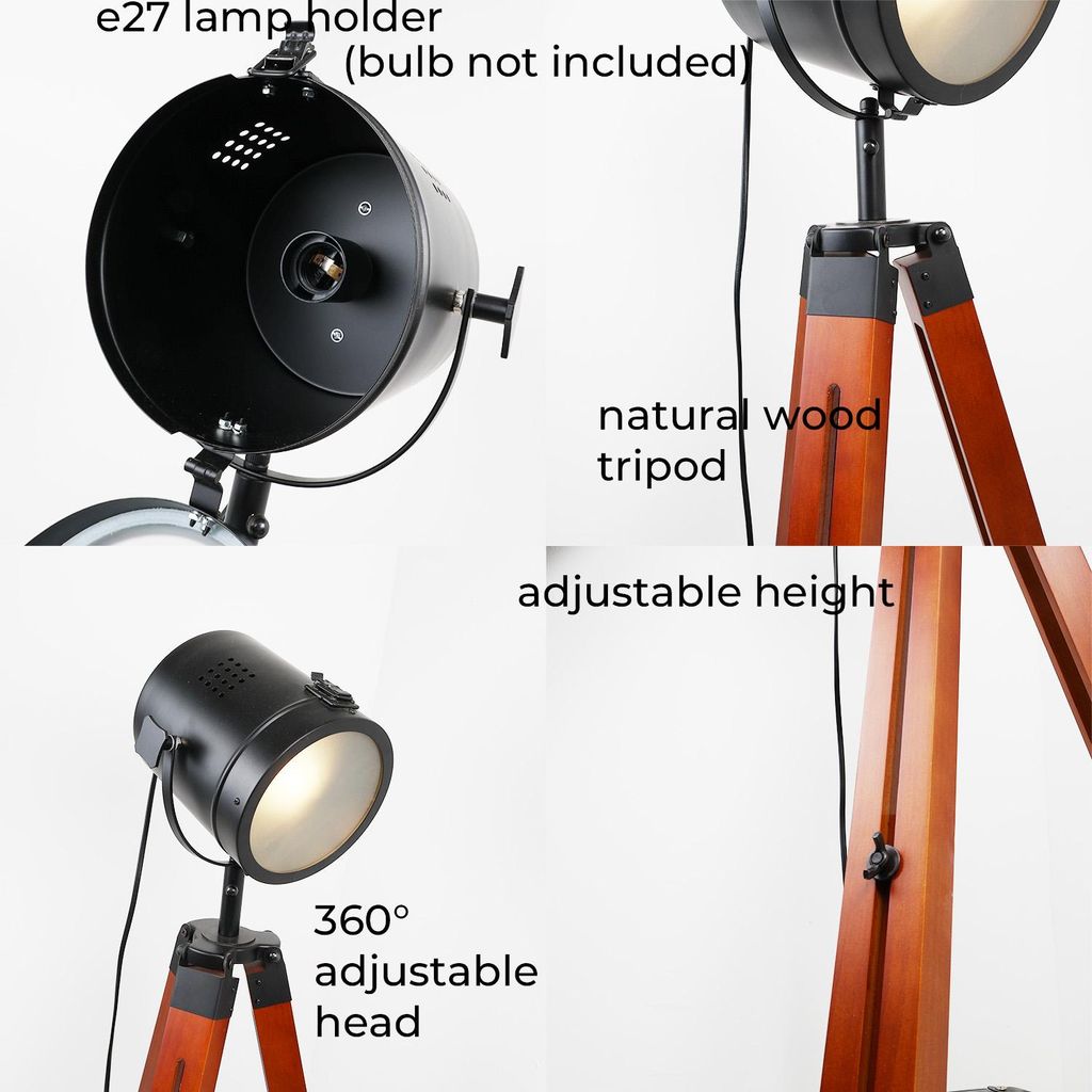 Lampada Da Terra A Treppiede In Legno - Design Moderno Per Camera Da Letto, Studio E Ufficio, Cromo/Marrone