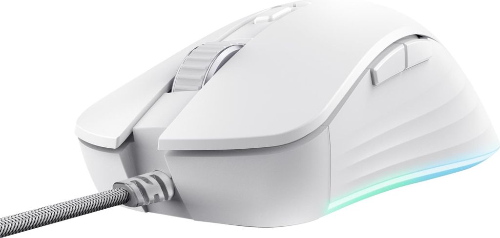 A white gaming mouse with RGB lighting on a white background.