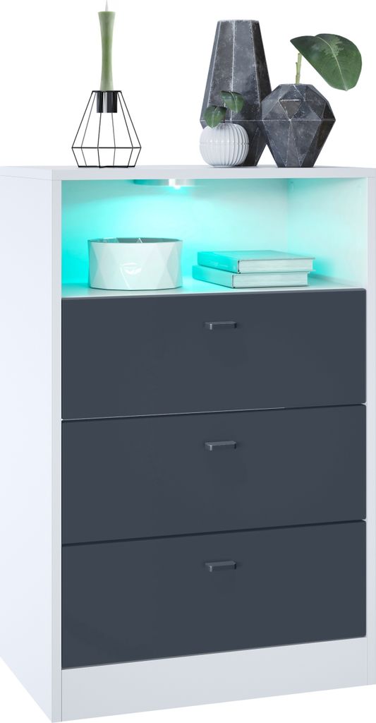 Vladon Kommode Pino V2, Germany, Anrichte mit 3 Schubladen & 1 offenem Fach, Weiß matt/Anthrazit matt (56 x 86,5 x 36 cm), mit RGB LED-Beleuchtung