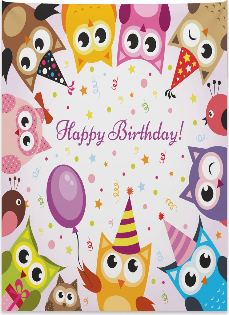 Abakuhaus Geburtstagsparty Wandteppich, Geburtstags-Party-Eulen aus Weiches Mikrofaser Stoff Kein Verblassen Klare Farben Waschbar, 110 x 150 cm, M...