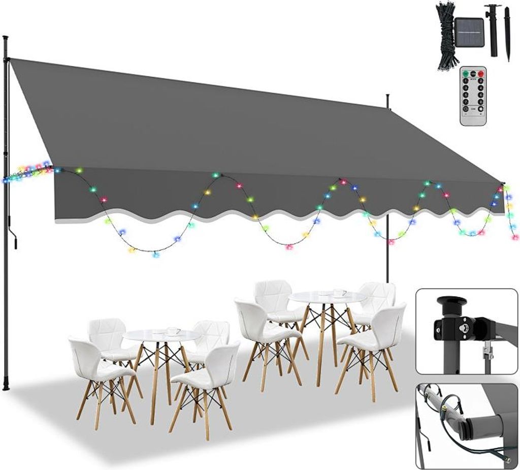 Izrielar Klemmmarkise mit LED 400x120cm Balkonmarkise, UV-beständig 50+ höhenverstellbar Sonnenschutz ohne Bohren für Terrasse und Balkon Grau