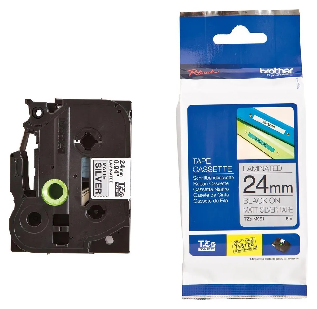 Nastro Brother TZE-M951 24mm Nero su Argento Opaco | Design e Ordine