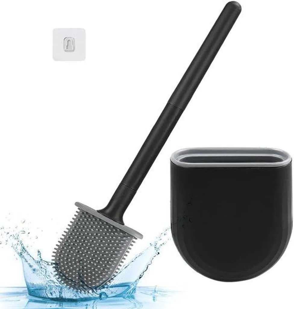 Brosse de toilettes en silicone noire avec support et long manche ergonomique