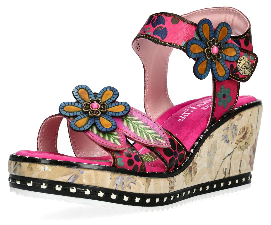 Laura Vita Damen Sandalette Plateau und Keilabsatz Blütenapplikation Ballon 08, Größe:37 EU, Farbe:Pink