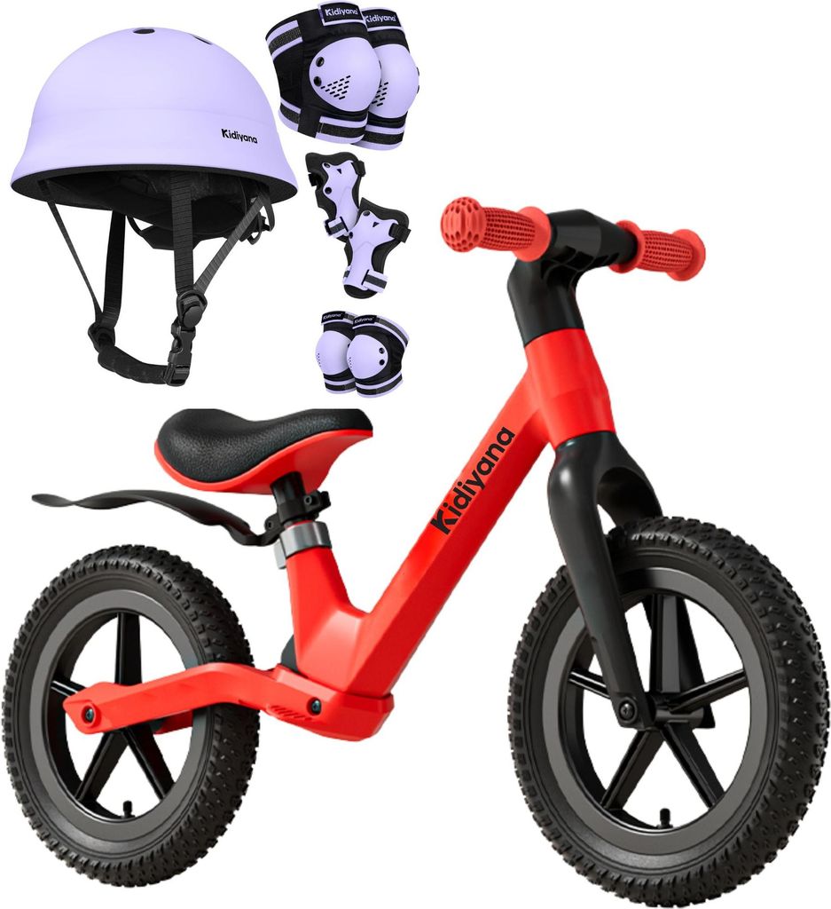 Kidiyana Laufrad Set mit Helm & Schutz-Set – 12 Zoll Balance Bike für Kinder ab 3 - Rot