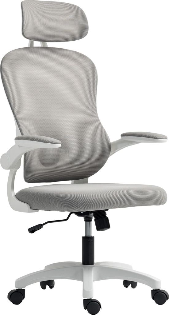 Ergonomischer Bürostuhl mit Netzstoff-Rückenlehne, höhenverstellbar, klappbare Armlehnen, 5 Rollen, Wippfunktion, Grau