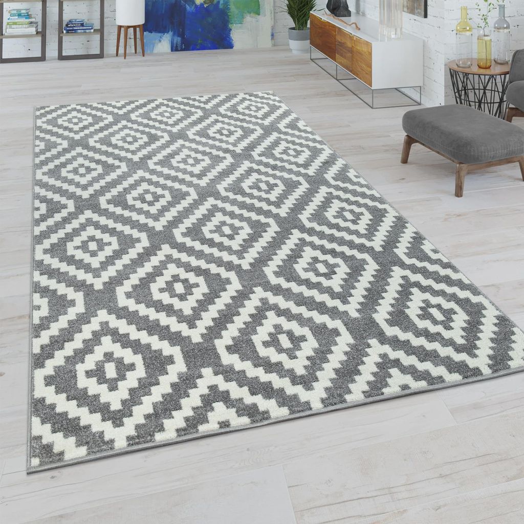 Wohnzimmer Teppich, Rauten Muster in Pastell Farben, Produktbild 