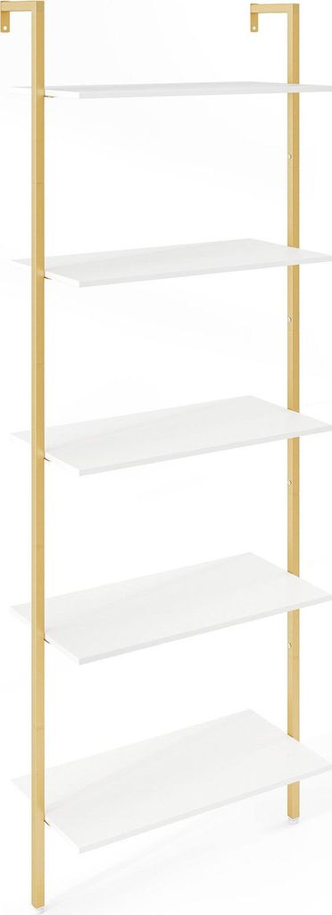 GOPLUS Bücherregal mit 5 Ebenen, Leiterregal mit Metallrahmen, Wandregal mit Kippsicherung & rutschfesten Füßen, 64 x 29,5 x 178 cm, Golden + Weiß