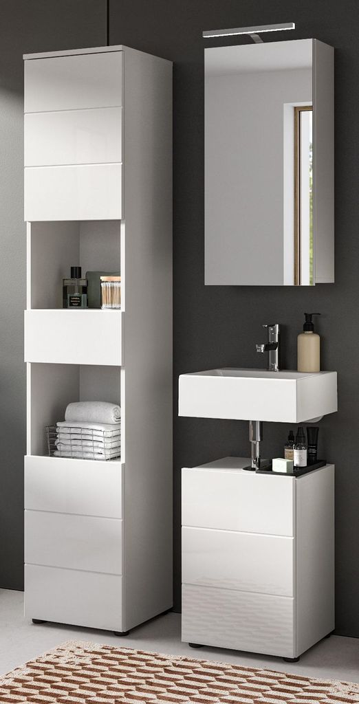 Badmöbel Set 3-teilig "Larik" in weiß Hochglanz Badkombination 91 x 190 cm, inklusive Beleuchtung