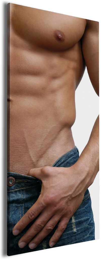 Wallario Premium Leinwandbild Halbnackter Mann mit Jeans in Größe 30 x 75 cm
