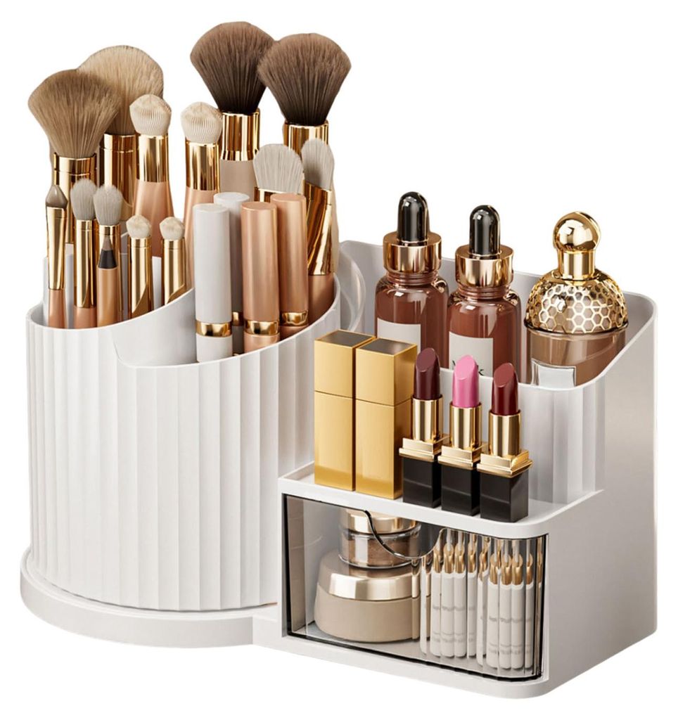 Kosmetikaufbewahrungsbox, 360° drehbar, mit Pinselhalter, transparenter Schublade, großes vertikales Design