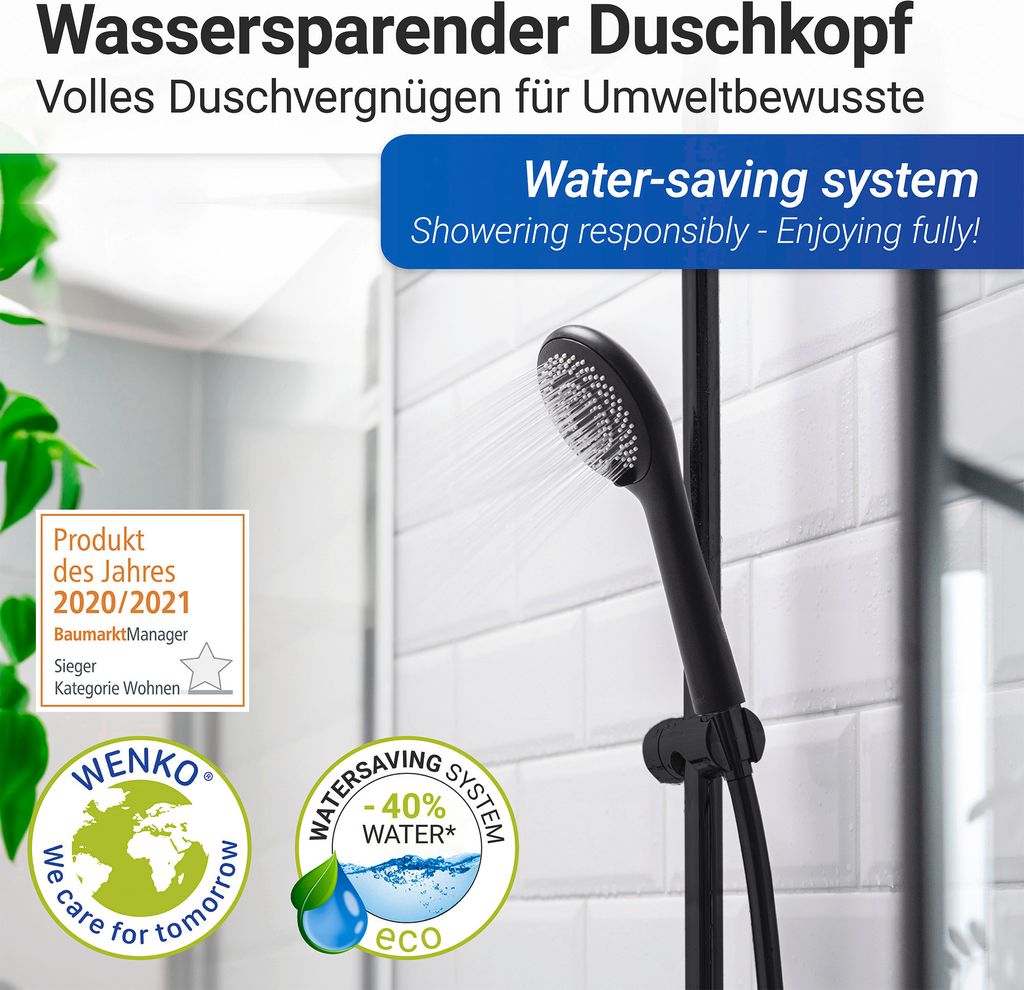 WENKO Duschkopf Regendusche WATERSAVING Ø11cm Rund Schwarz Handbrause Wellness
