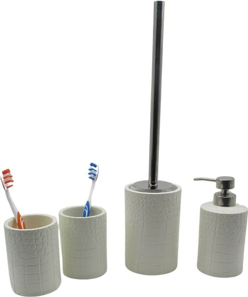 4tlg Set Bad Accessoire WC-Bürste Seifenspender 2x Zahnbürstenhalter Kroko Beige
