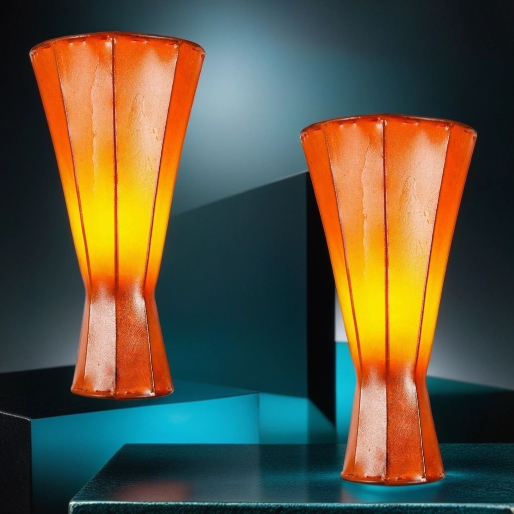 2er Set Orientalische Stehlampe Jinjin Orange 40cm Lederlampe Hennalampe Lampe | Marokkanische Große Stehlampen aus Metall, Lampenschirm aus Leder...