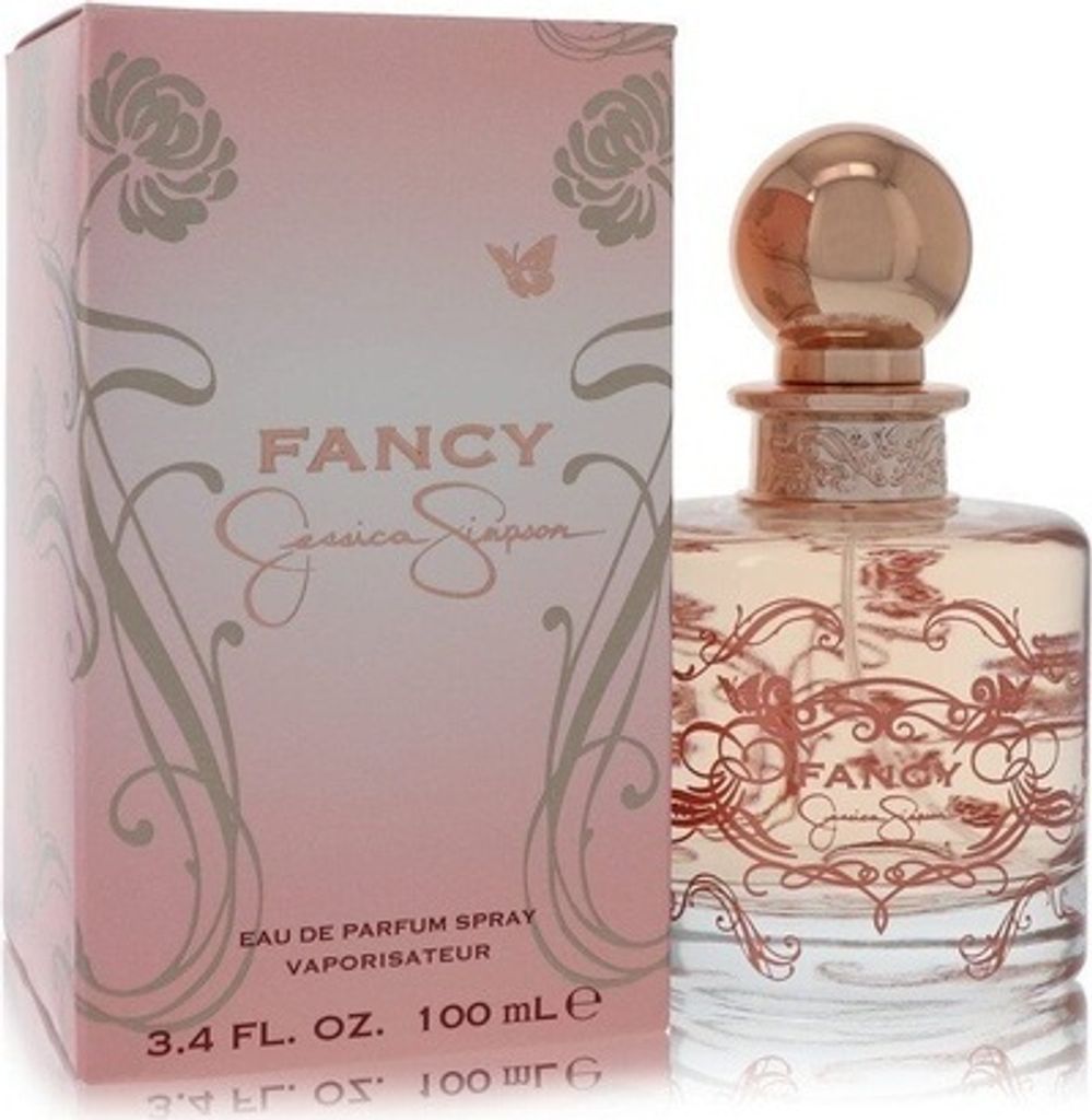 A bottle of Jessica Simpson Fancy Eau de Parfum and its packaging are displayed against a white background.