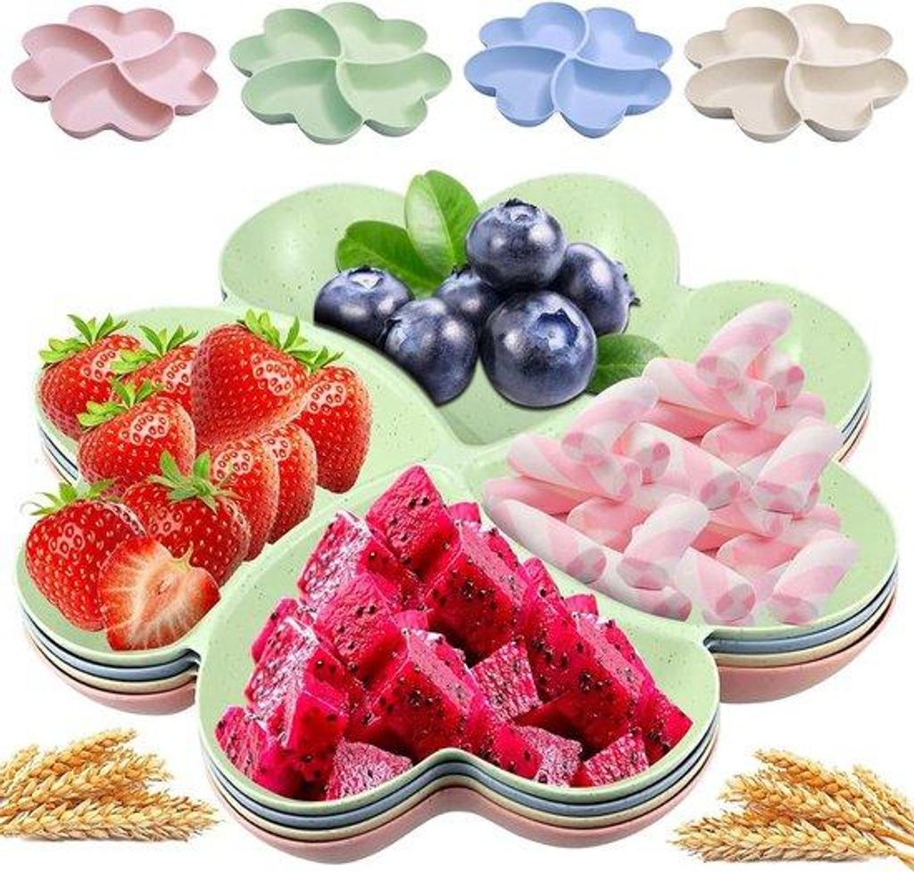 Kinder Snackteller - 4 Einheiten - antislip und umweltfreundlich - mit Fachern für Snacks, Nüsse, Desserts, Obst