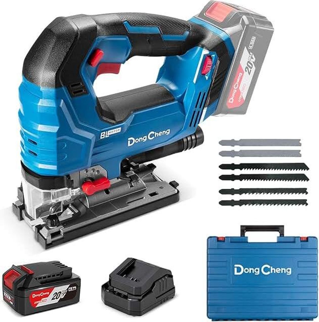 Dong Cheng Akku-Stichsäge 18V Bürstenlos, Pendelhub 800-3500 SPM, 0-45° Gehrung, 6-Stufen, Mit Dual-LED, Staubbläser, 4Ah Akku, Ladegerät, 6 S...