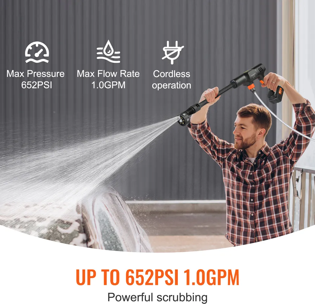 SucceBuy Idropulitrice a batteria, idropulitrice portatile 652-PSI 1.0 GPM, pistola a mano per lavaggio auto ad alta pressione con batteria da 4.0Ah e caricatore, ugello 6-in-1, per la pulizia della casa e dei pavimenti - 2