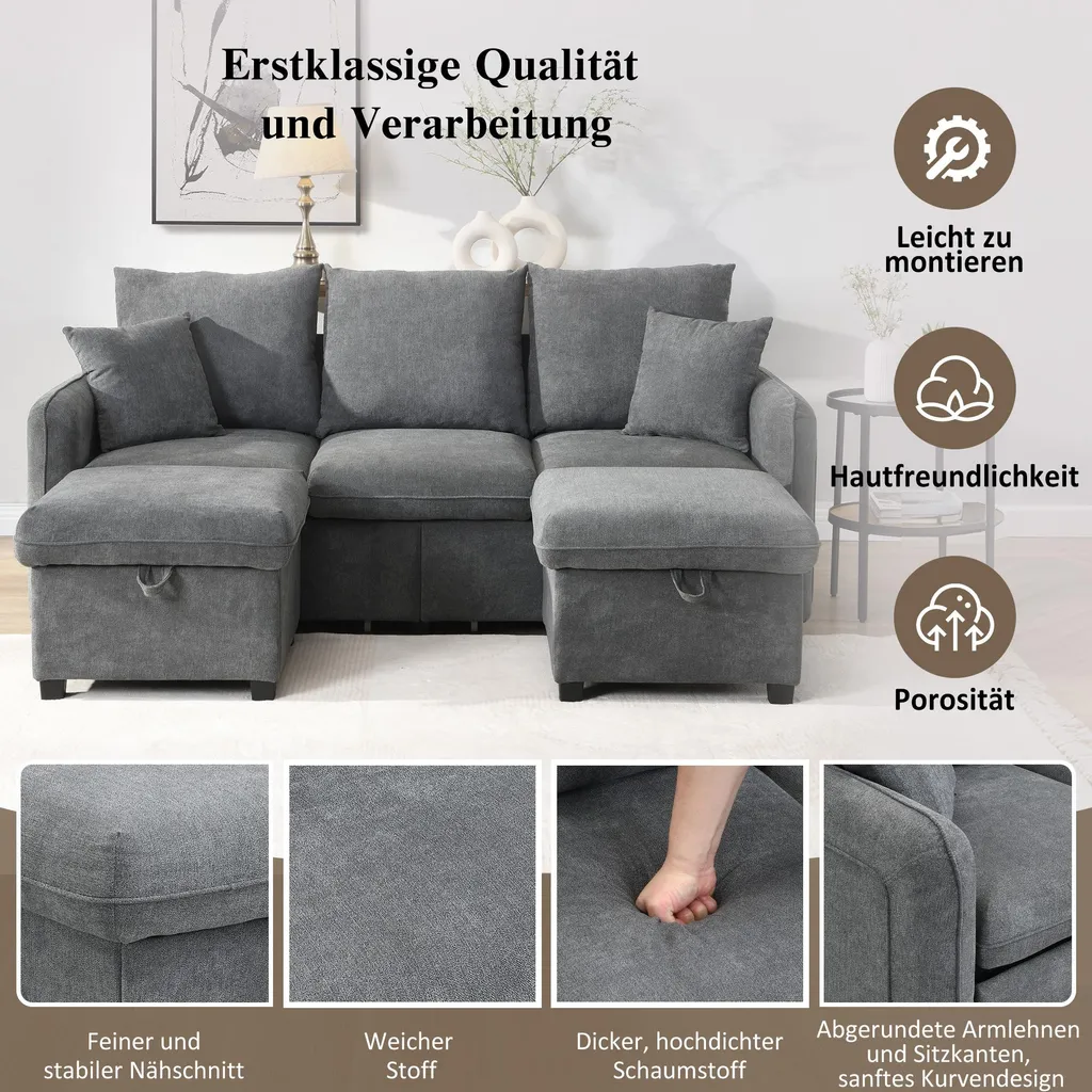 Canapé convertible en chenille avec rangement et pouf modulable Sweiko - 2