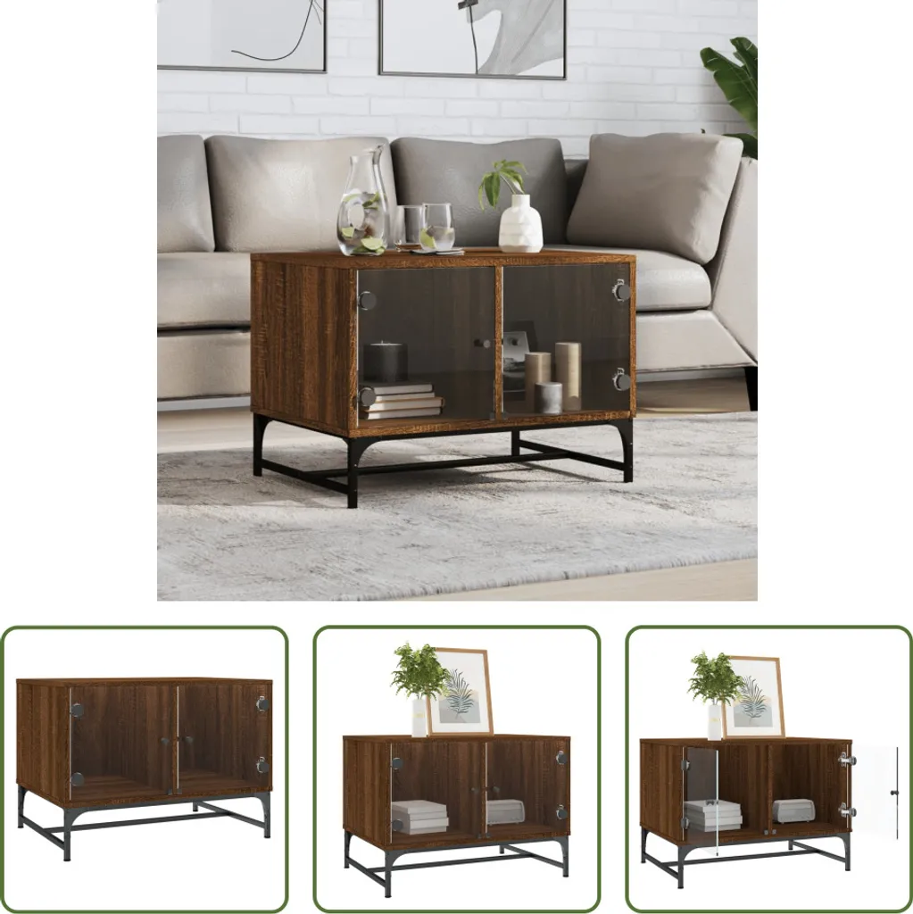 The Living Store Tavolino con ante in vetro effetto rovere marrone 68,5x50x50 cm