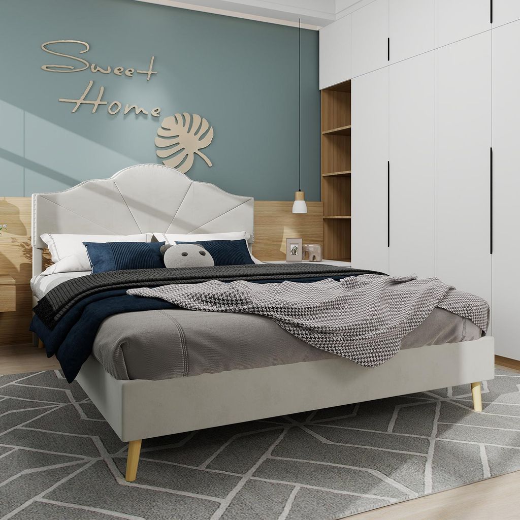 Sweiko Modern minimalist soft bed, comfortable and soft headboard, 160x200CM, beige, multifunctional bedroom furniture, low box bed frame does not ...