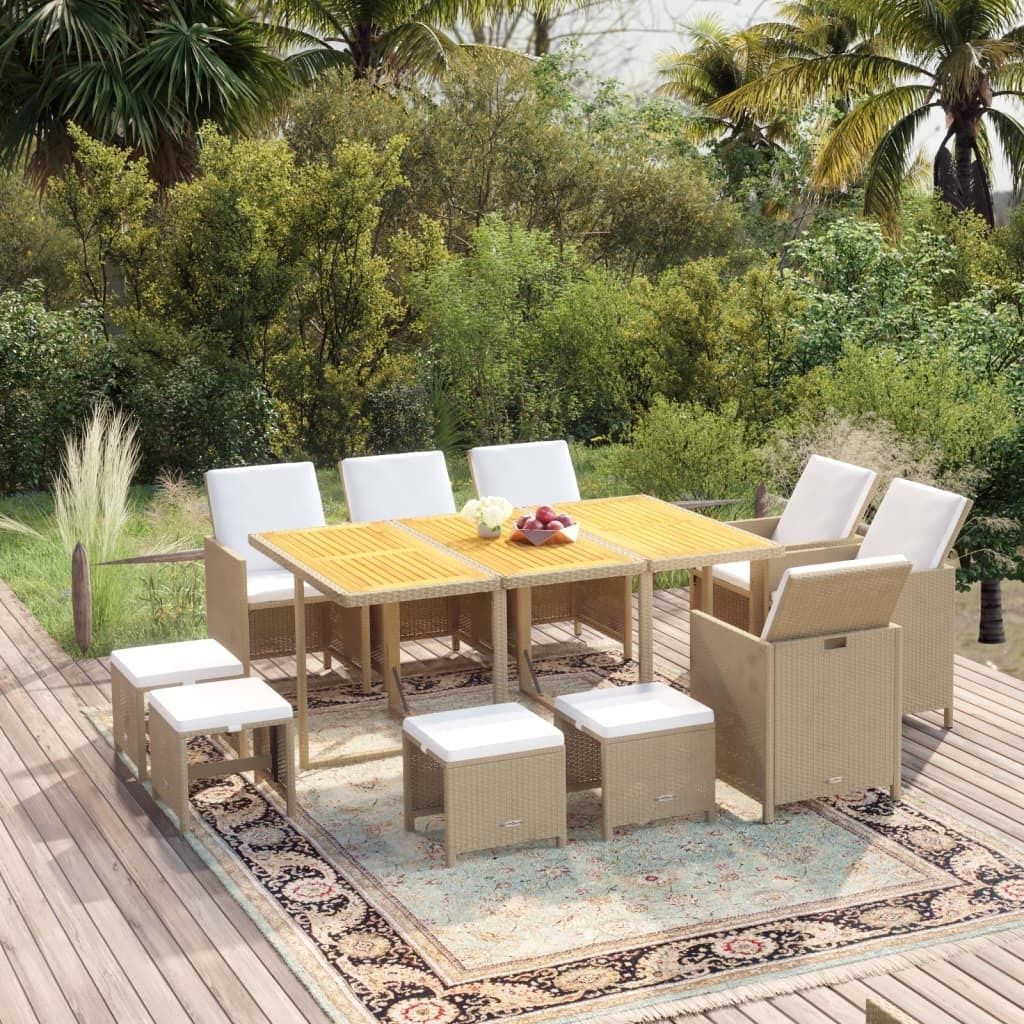 Möbel 11-tlg. Garten-Essgruppe mit Kissen Poly Rattan Beige - Balkonmöbel 3095556