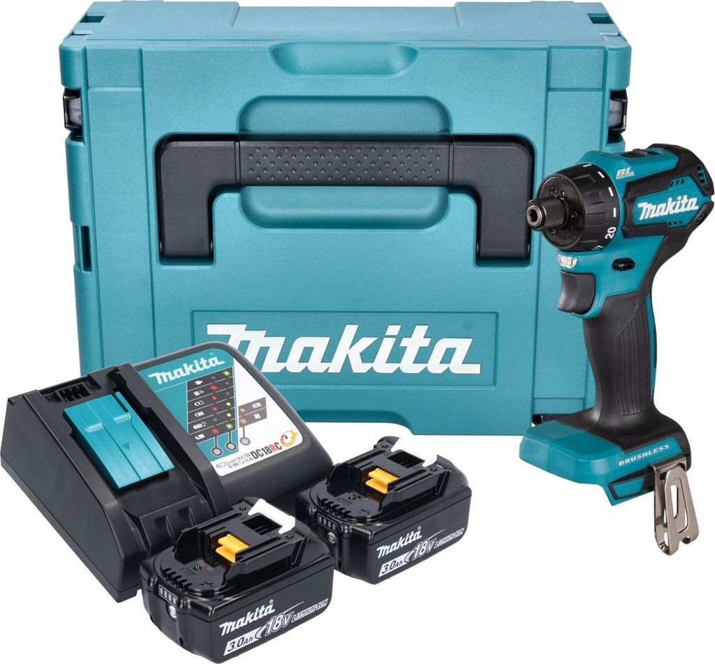 Makita DDF 083 RFJ Akku Bohrschrauber 18 V 40 Nm 1/4'' Brushless + 2x Akku 3,0 Ah + Ladegerät + Makpac