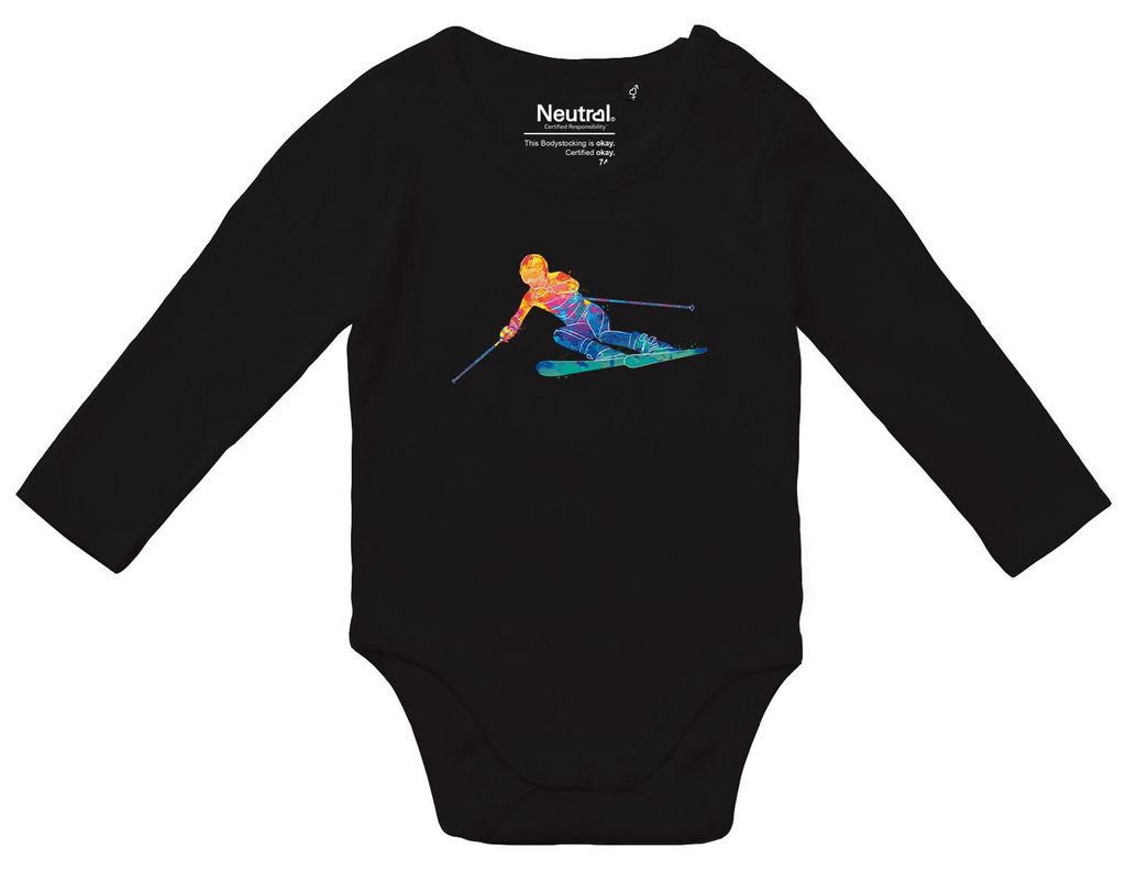 Huuraa Baby Body Ski fahren bunte Silhouette 74 Black Baumwolle Fairtrade Langarmbody Geschenkidee