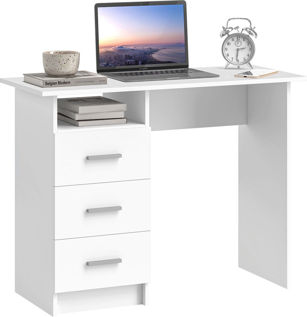 HOMCOM Moderner platzsparender Schreibtisch mit 3 Schubladen und offenem Regal, Schubladenschreibtisch aus Holz, für Büro, Arbeitszimmer und Schl...