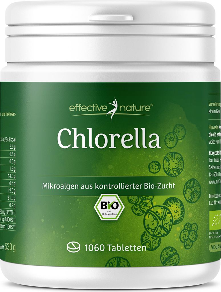 Chlorella Bio Tabletten 1060 Stk. - Aus Bio-Anbau - Hochdosiert mit 500 mg - Reicht für 3 Monate