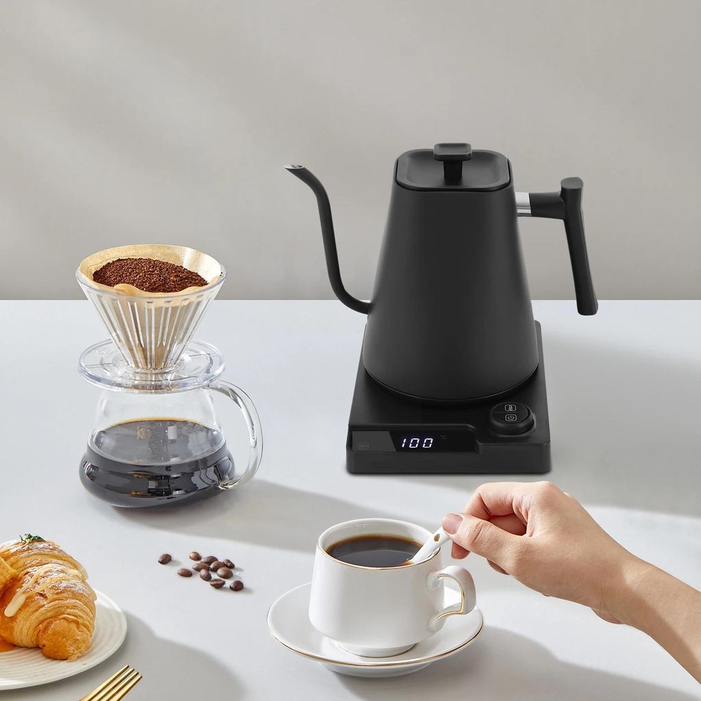 Schwanenhals-Wasserkocher - Elektrischer Kaffeekessel - 1 l - 1200 W - LED-Temperatursteuerung - Warmhalten 24 h - Edelstahl - EU-Stecker 220–240...