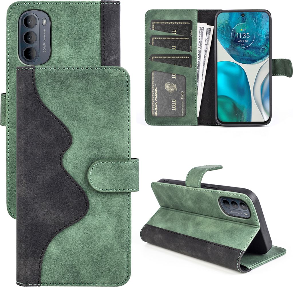 Für Motorola Moto G52 4G Design Handy Tasche Grün Etuis Kunst-Leder Hülle Cover