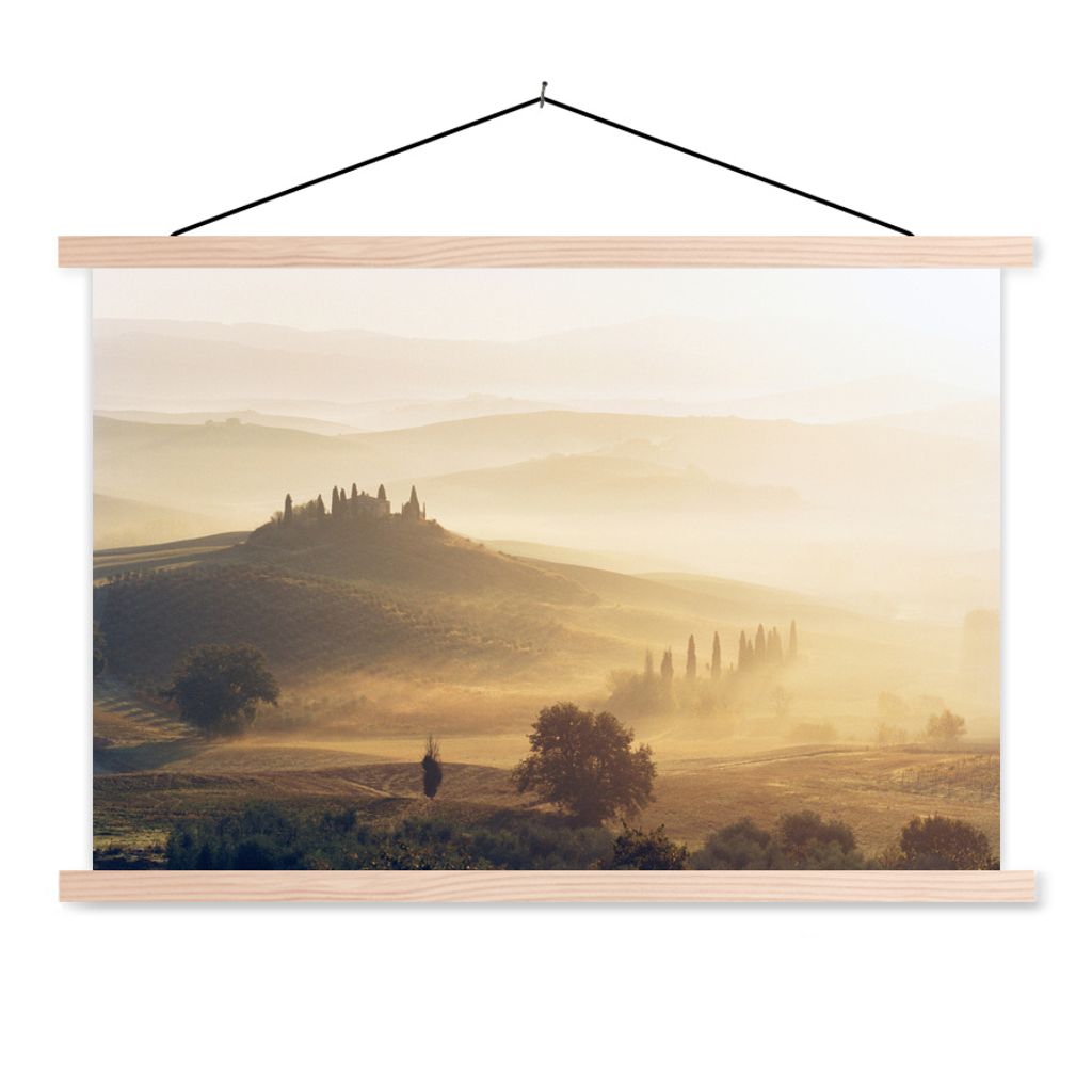 MuchoWow Textilposter Toskana - Nebel - Sonne 120x80 cm mit holzfarbenen Rahmen - Aufhängeset
