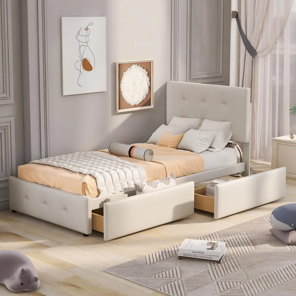 Lit capitonné 90x200 cm avec 2 tiroirs et sommier à lattes - Beige