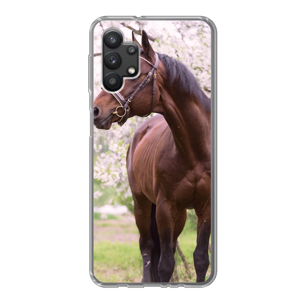 MuchoWow Handyhülle Schutzhülle Hülle für Samsung Galaxy A32 5G Pferd - Sakura - Halfter Silikon Softcase Handy Hülle - Softcase