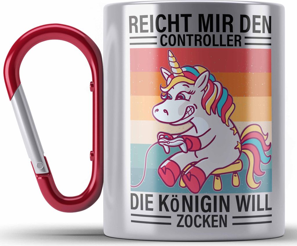 Trendation - Gamer Girl Geschenk Edelstahl Tasse Karabiner Gaming Geschenkidee Mädchen Tochter Spruch Zockerin (Rot)