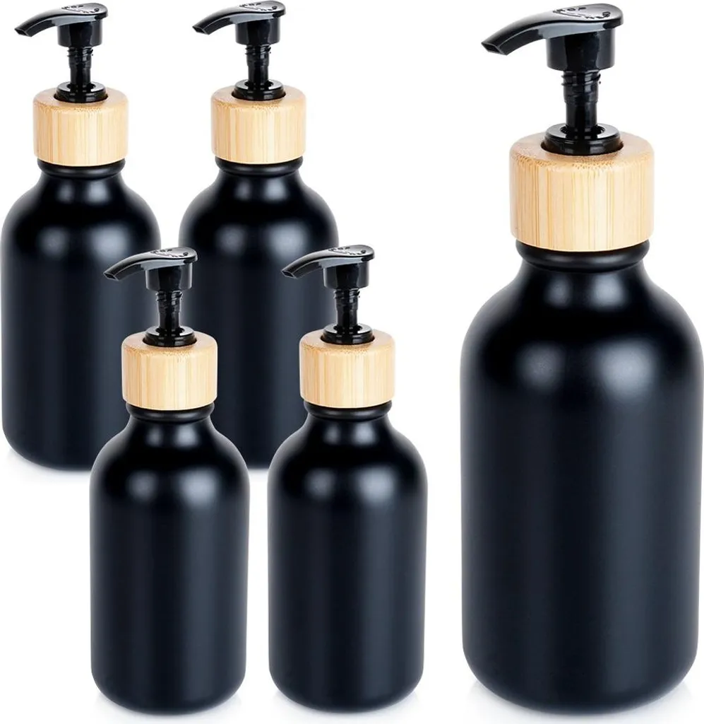 Vilde | Set di dispenser a pompa - Nero - 300ml - 5 pezzi - Per shampoo, gel doccia, sapone, liquidi