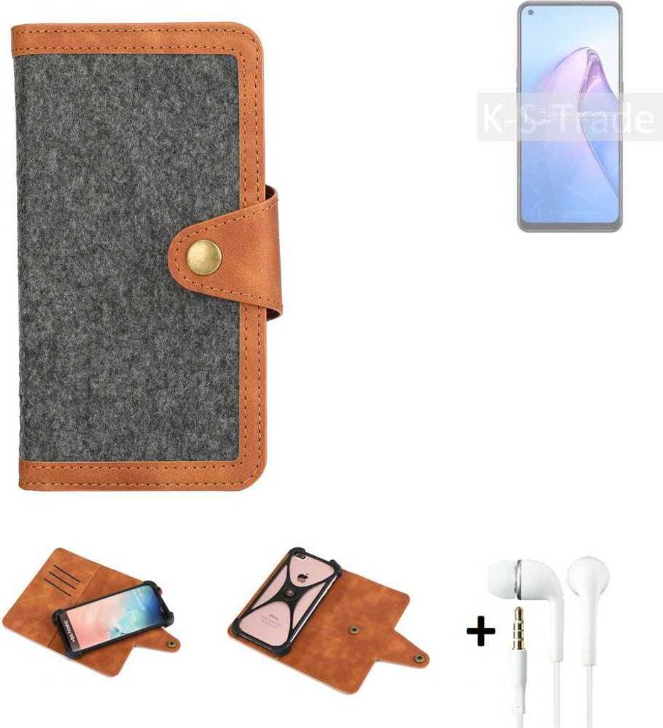 K-S-Trade Handyhülle + Kopfhörer kompatibel mit Oppo Reno8 Z 5G Schutzhülle Filzhülle Kunstleder dunkelgrau braun (1x)