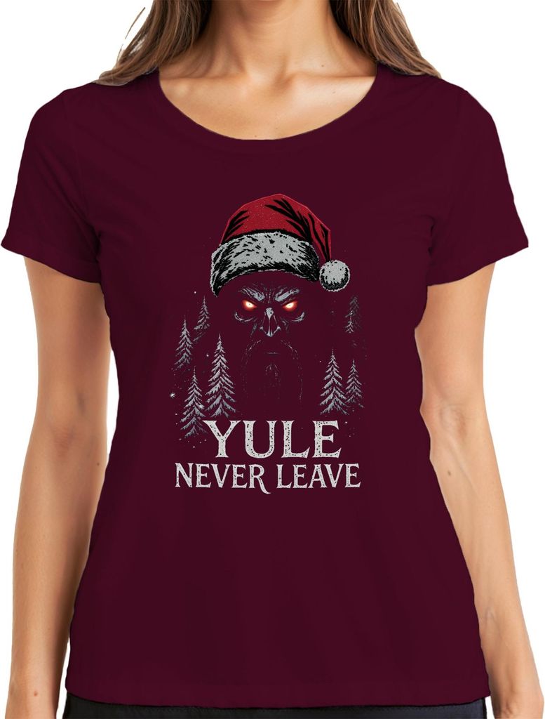 YULE NEVER LEAVE Grusel Weihnachtsmann Totenkopf rote Augen Bart Damen T-Shirt, Burgundy, 3XL